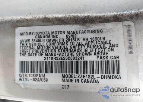 2003 Toyota Matrix Standard z USA, uszkodzony, nr VIN 2T1KR32E23C083241